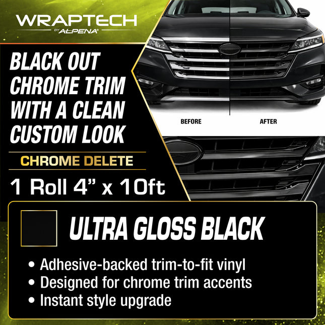 Automotive Chrome Delete Gloss Black Wrap, 4 in x 10 ft